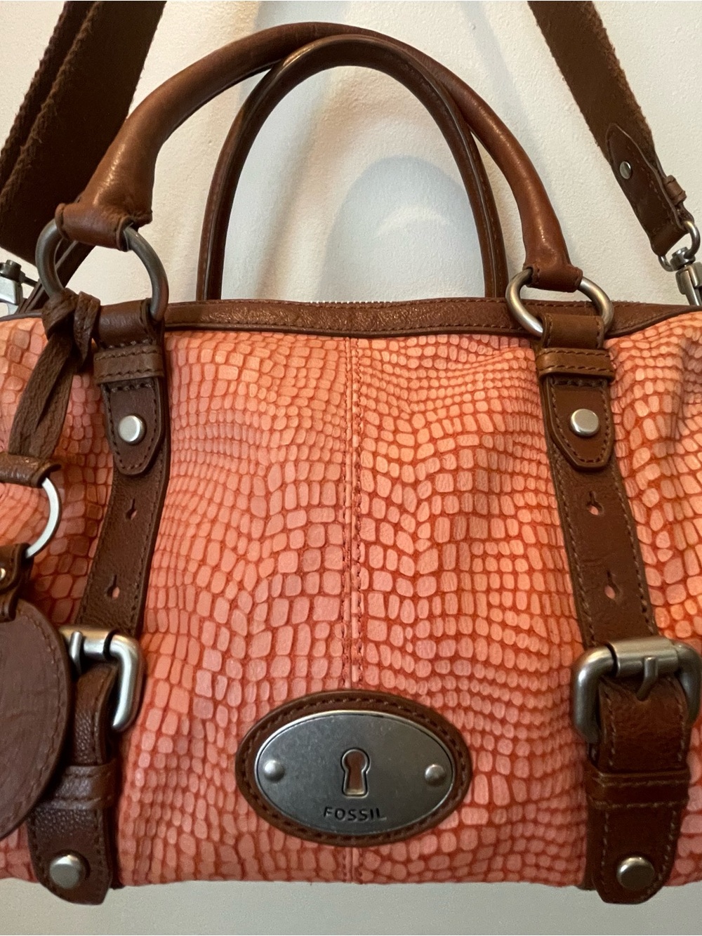 Fossil Maddox Snake Embossed Leather Satchel with Brown Trim